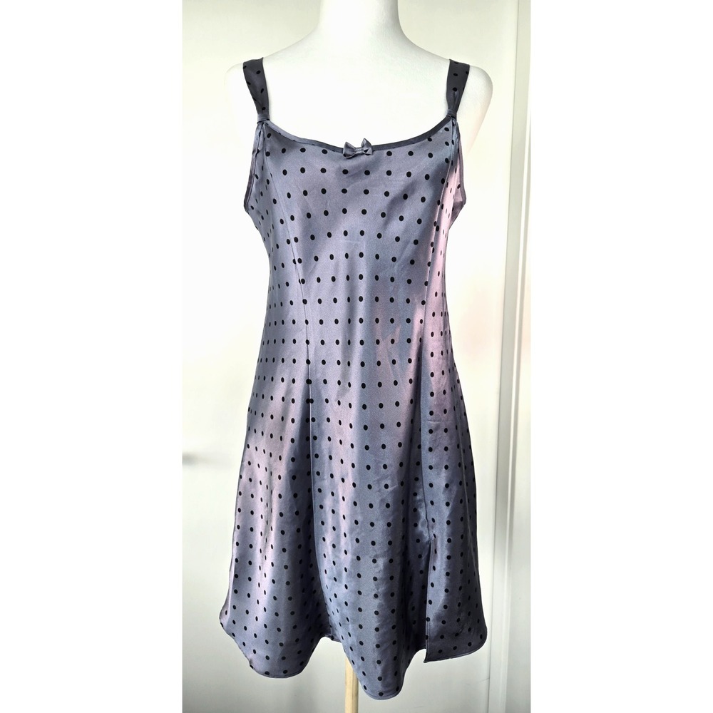 Vintage Polka Dot Slip Dress Front Ribbon Side Slit Wider Adjustable Straps Y2K